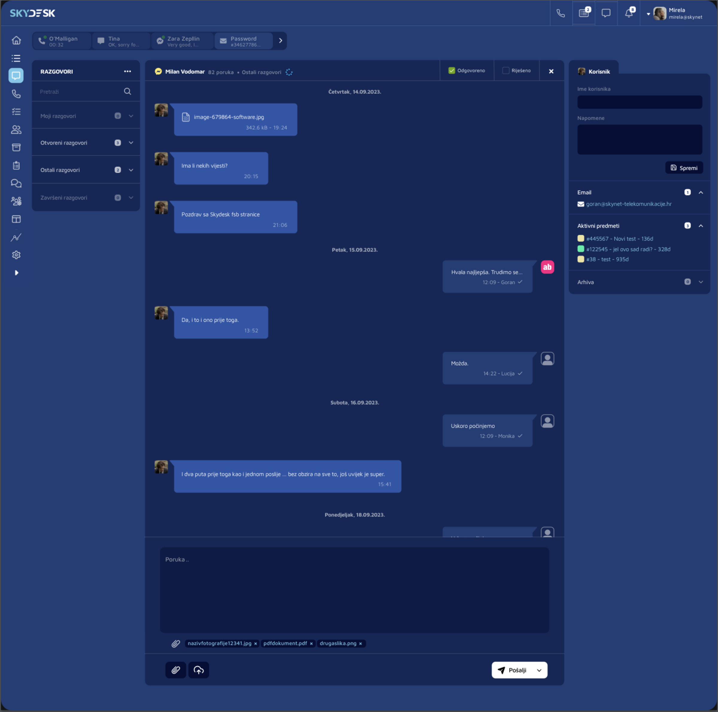 SkyDesk conversations view with active customer chat and case history